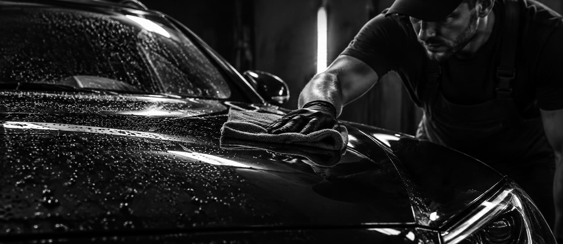 Detallado profesional de un coche en blanco y negro